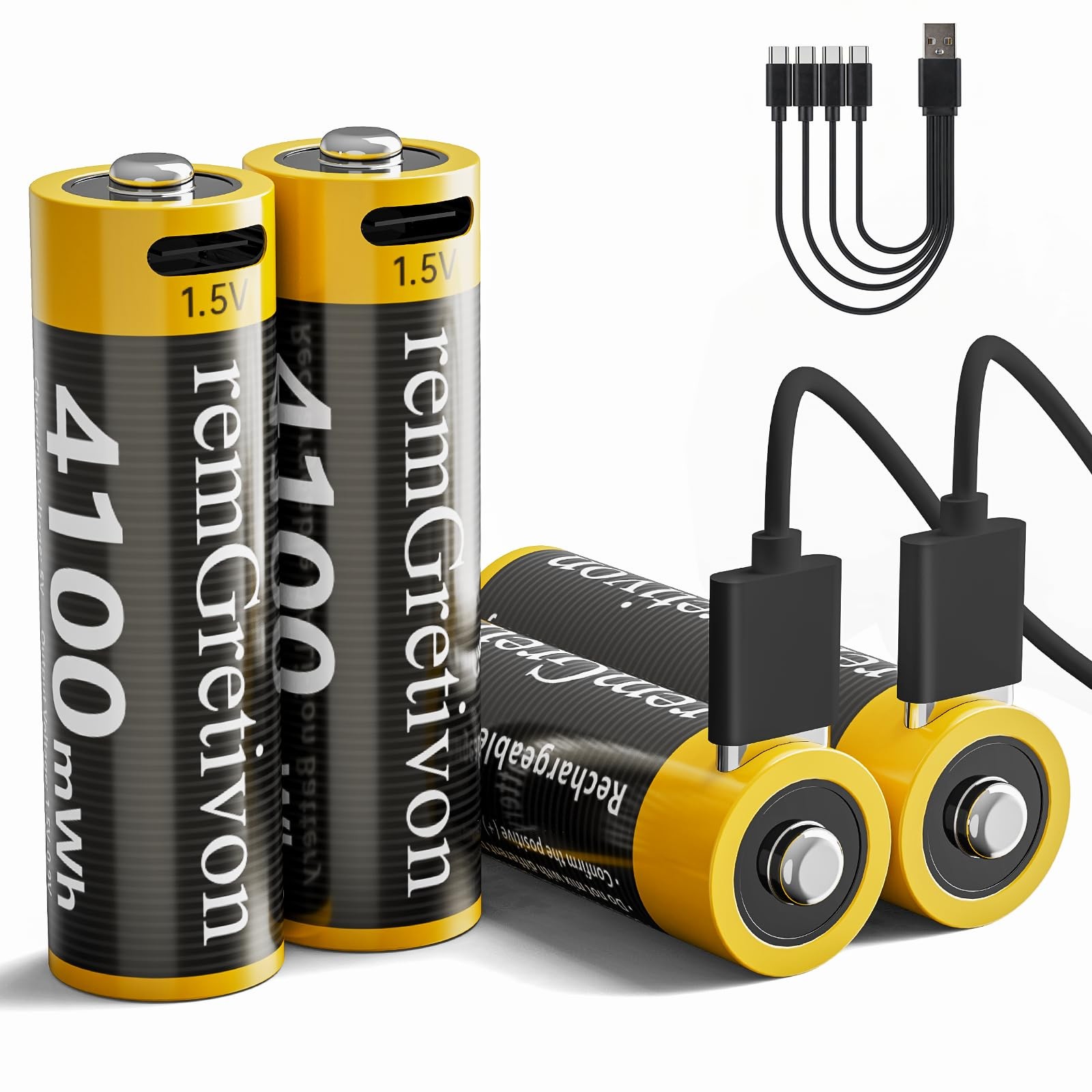 4100mWh USB-C Rechargeable AA Batteries 1.5V Lithium-ion, 4 Pack with USB-C C...