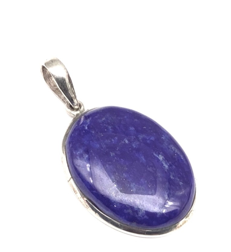 34x23mm Natural Lapis Embossed W/Sterling Silver Edge Pendant-#3337