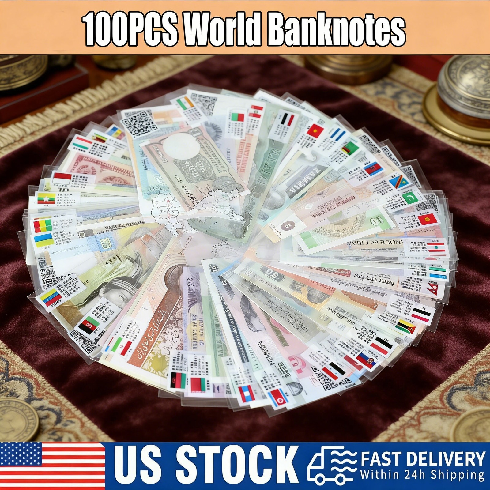 100PC World Currency Assortment | Uncirculated Banknote Collection W/ Bonus Pack