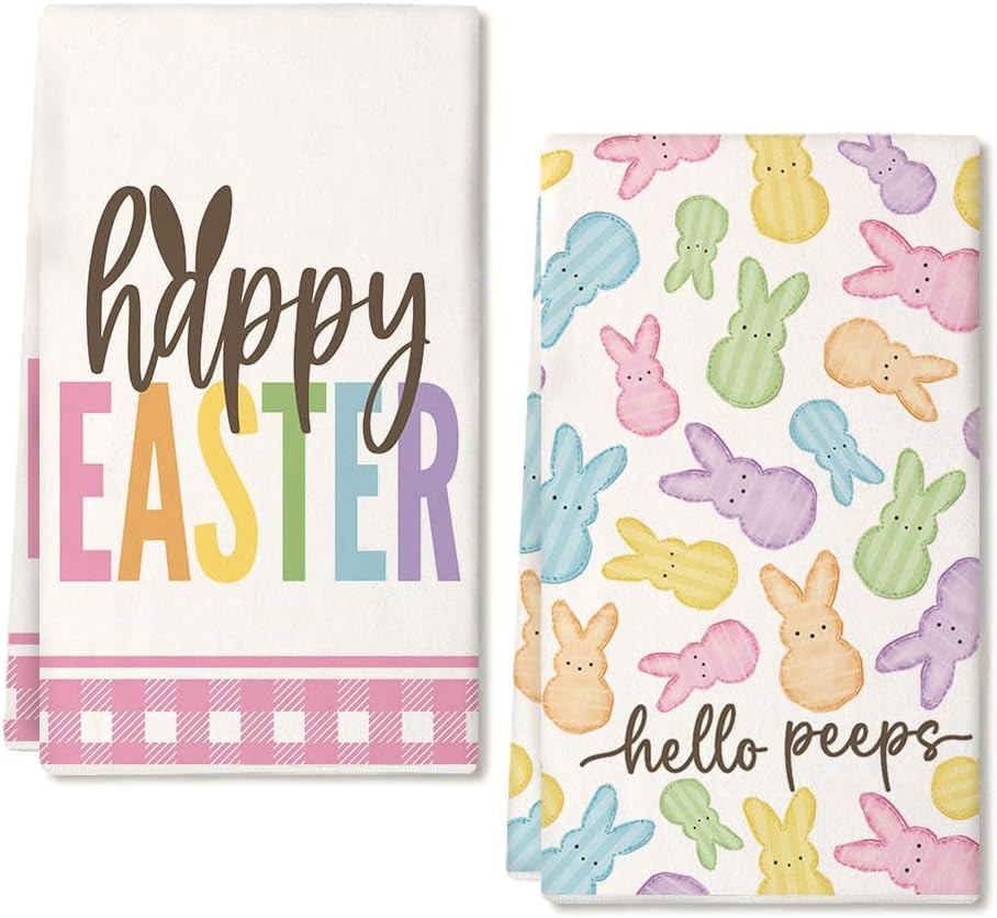 Pink Bunny Easter Kitchen Towels Set of 2,Buffalo Check Hello Peeps Dish Hand To