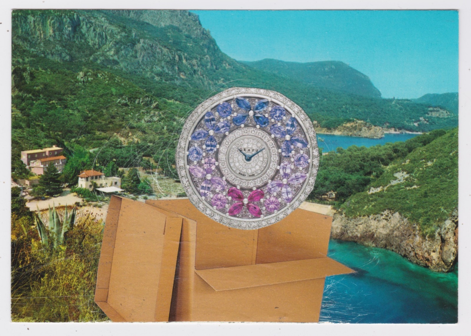 Mail Art David Greenberger "Jeweled Clock Floated Aloft" collaged postcard 2023
