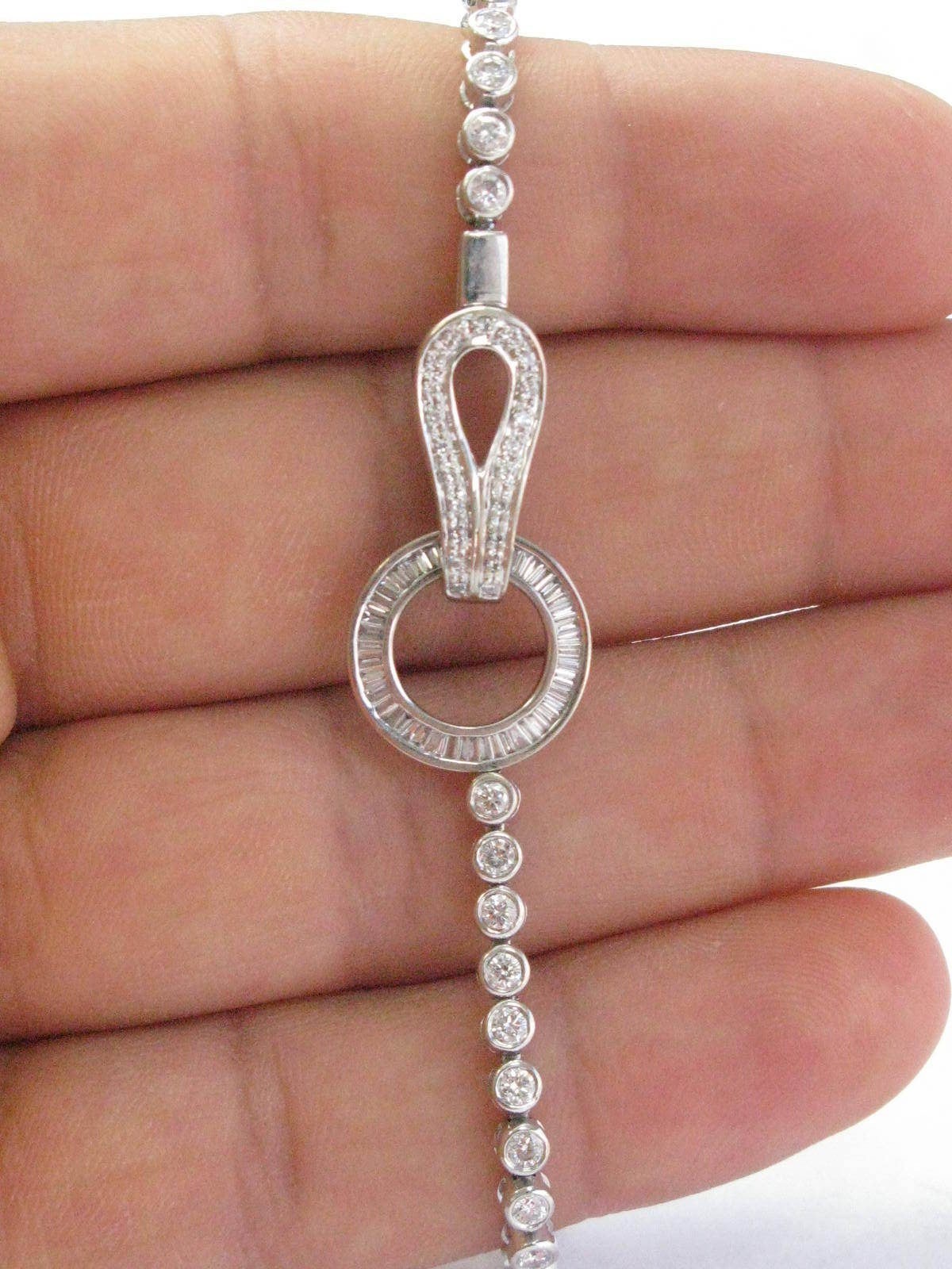 18Kt Round & Baguette Diamond Bezel Set White Gold Bracelet 2.20Ct 7.5"