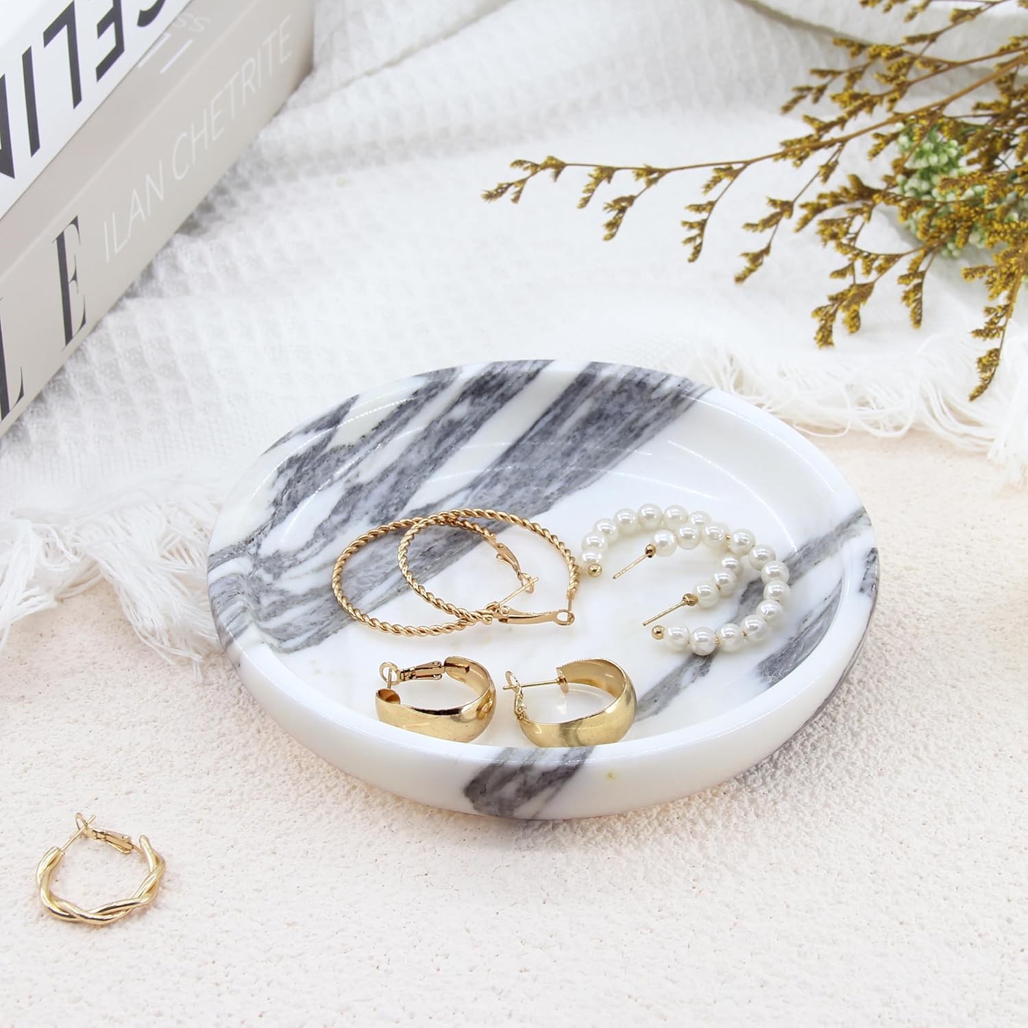 Natural Marble Jewelry Tray, Dish Trinket Decor- Arabescato Corchia White