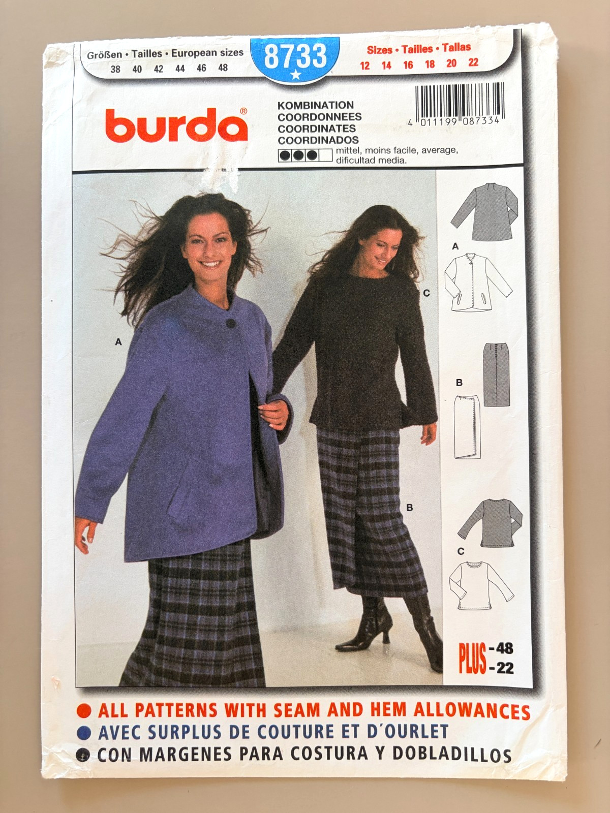 Burda Misses' Top,Jacket,Skirt Pattern 8733 Size 12-22 UNCUT