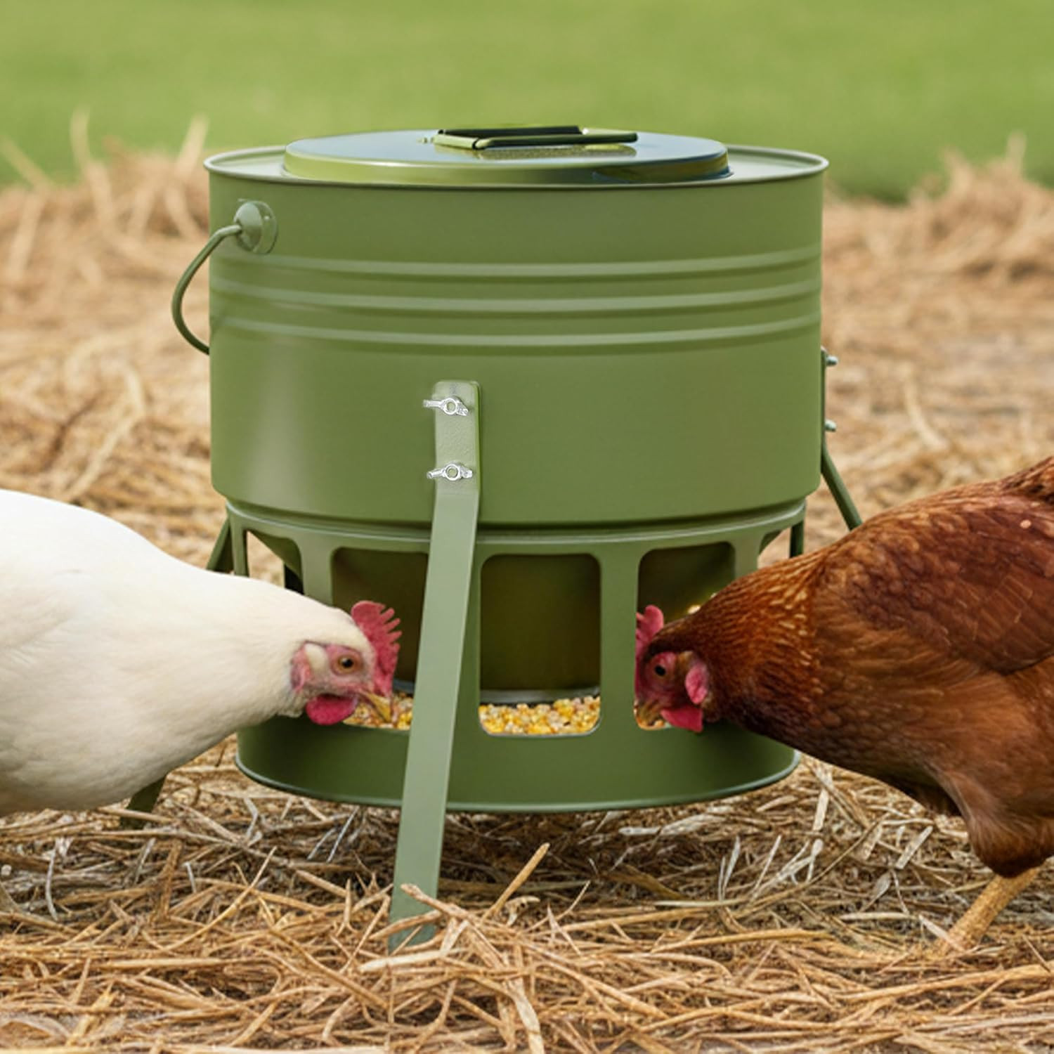 KOL Metal Chicken Feeder - 20Lbs No Waste Chicken Feeder with 12 Ports, Powder C