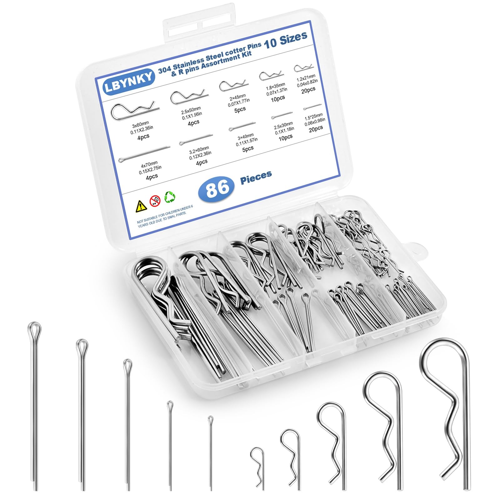 LBYNKY 86 PCS Cotter Pin Assortment Kit, 10 Sizes Stainless 10 Sizes, Silver 