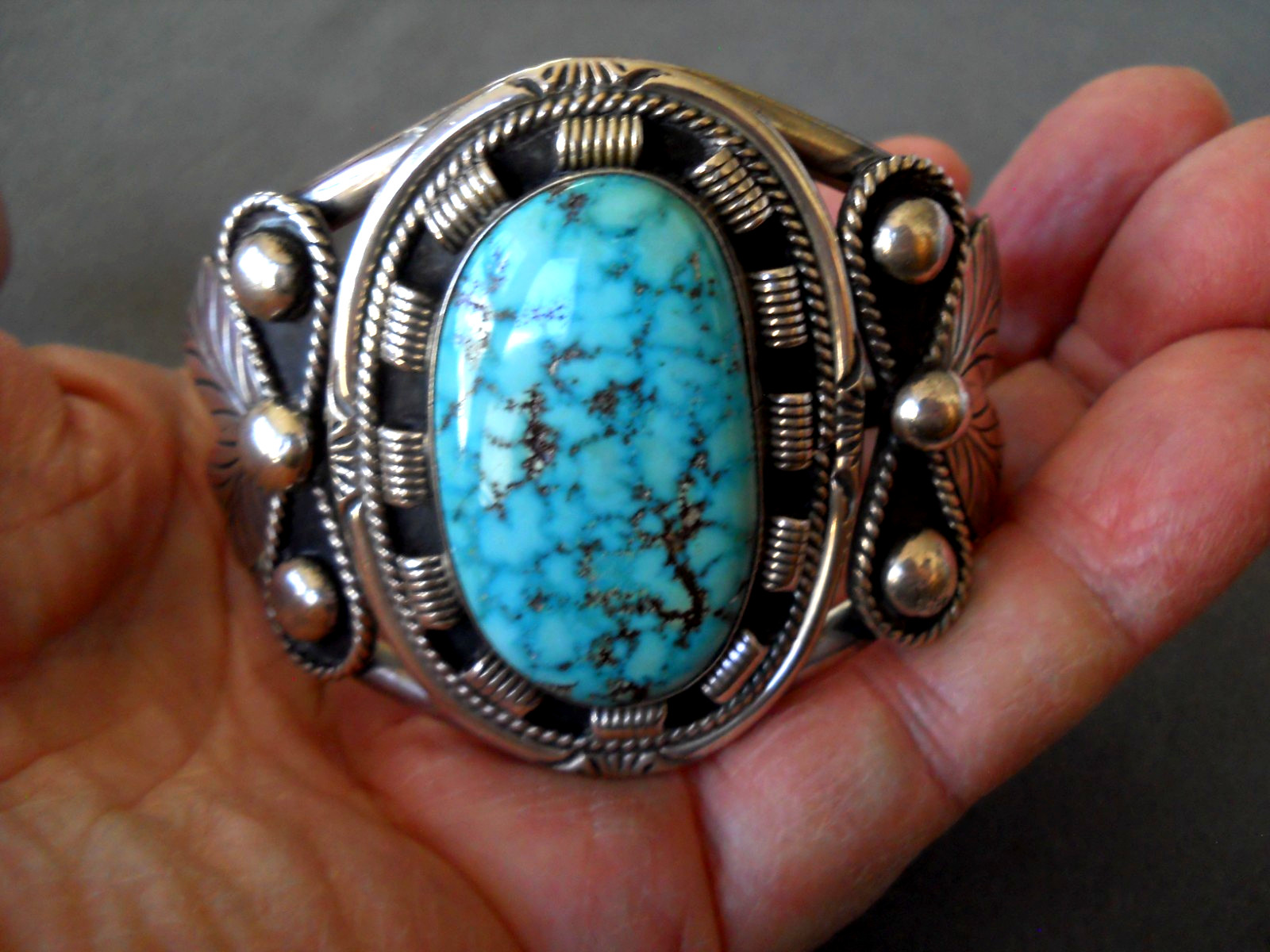 Native American Navajo Water Web Kingman Turquoise Sterling Silver Cuff Bracelet