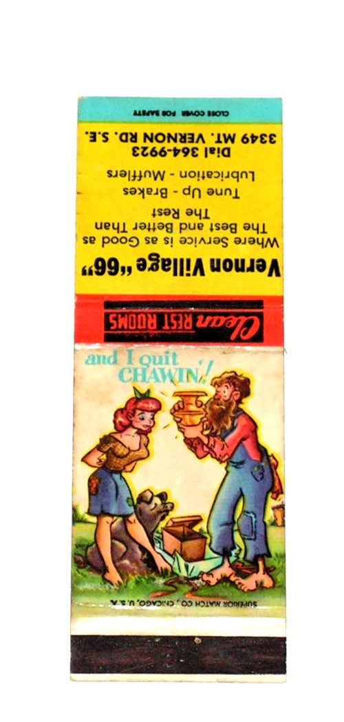 Vintage Cartoon Design Matchbook Cover Vernon Village 66 Service Station