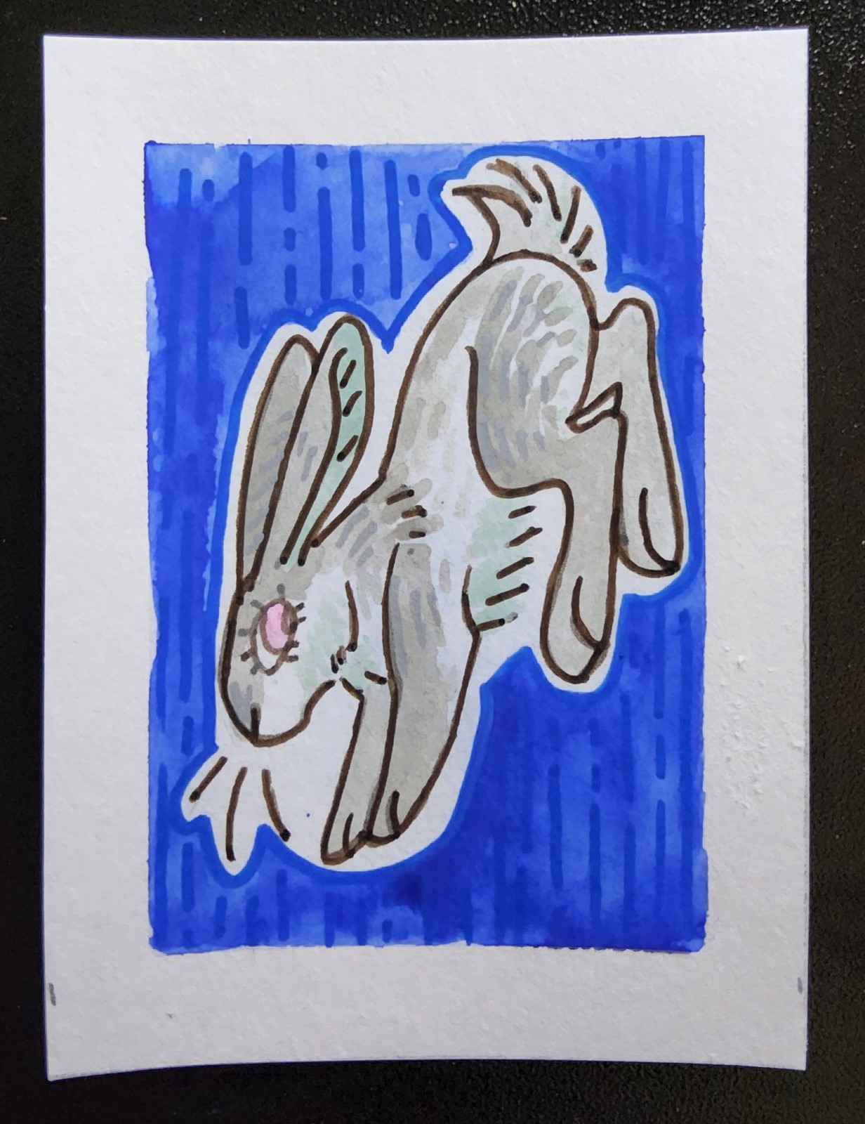 Cottagecore Blue Rabbit Jump Watercolor  ACEO Art Card Illustration by LeafSquid