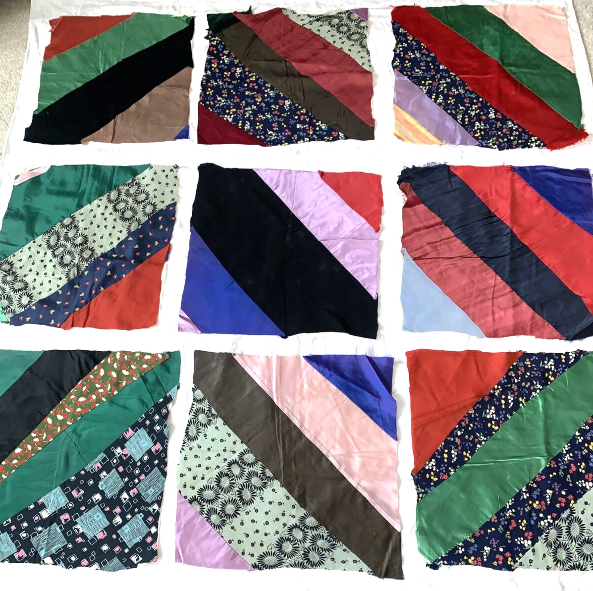 Crazy Quilt 21 Blocks handmade approx 18" sq multi silky repurpose special vtg