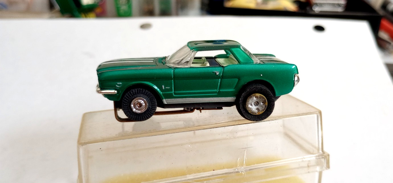 H-O scale Tjet MM Aurora- Slot Car - metallic green Mustang w/box