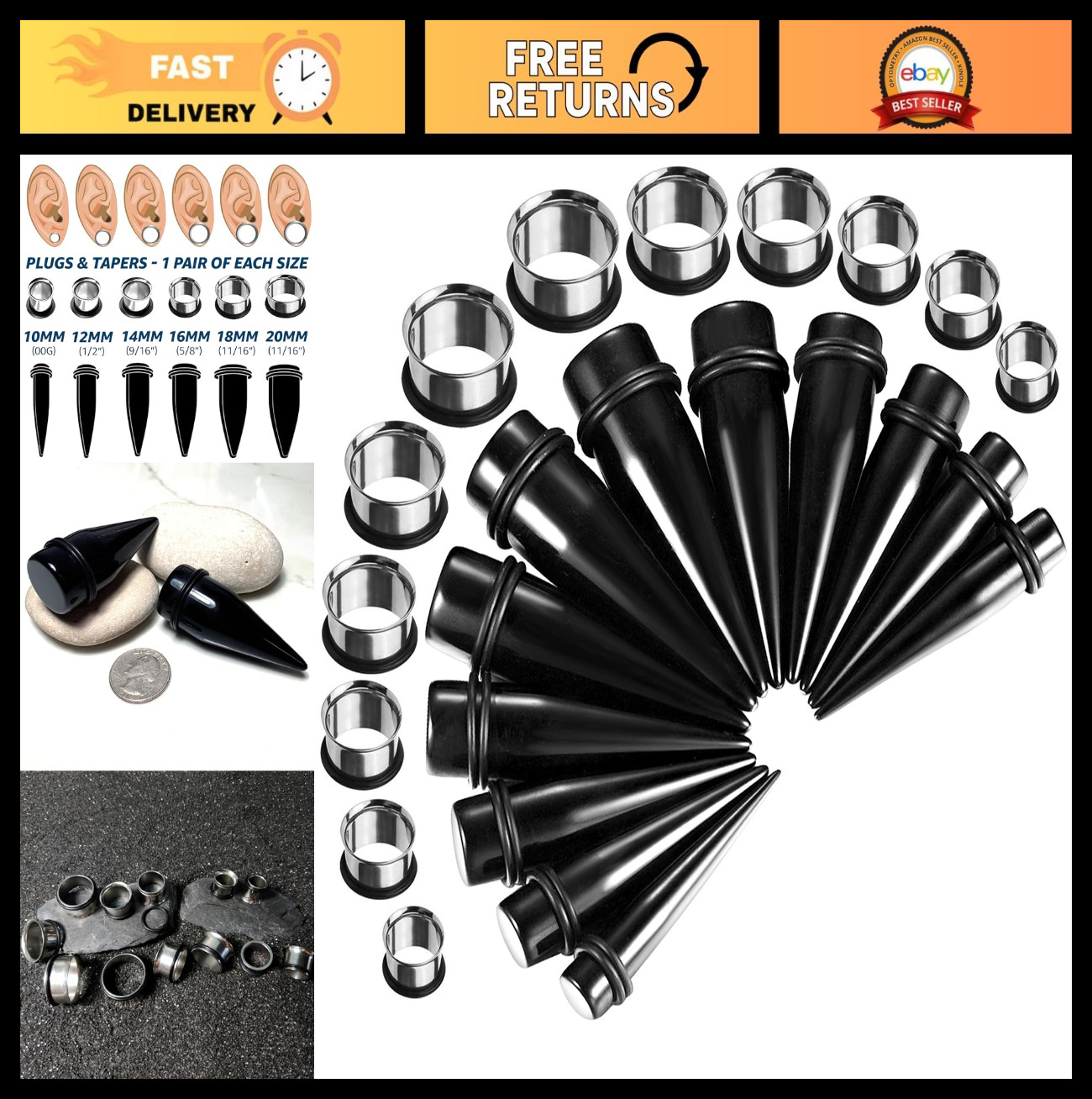24PC Ear Stretching Kit - 00G-20mm Big Gauges, Surgical Steel Tunnels & Acrylic