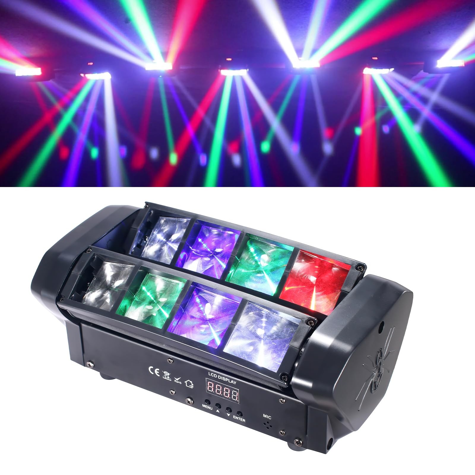 Mini Spider Moving Head Light 8x5W Beam LED Stage Lights RGBW Sound Activated...