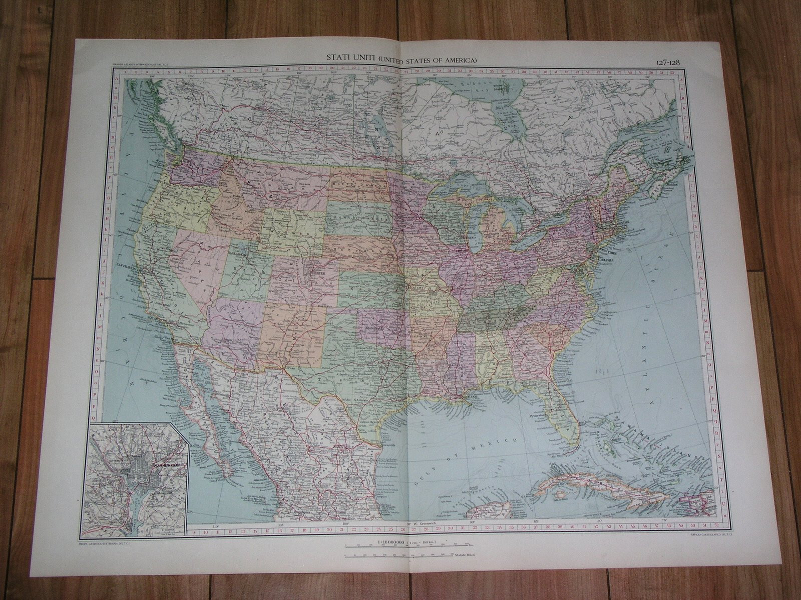1929 RARE VINTAGE ITALIAN MAP OF UNITED STATES USA / WASHINGTON D.C. INSET MAP