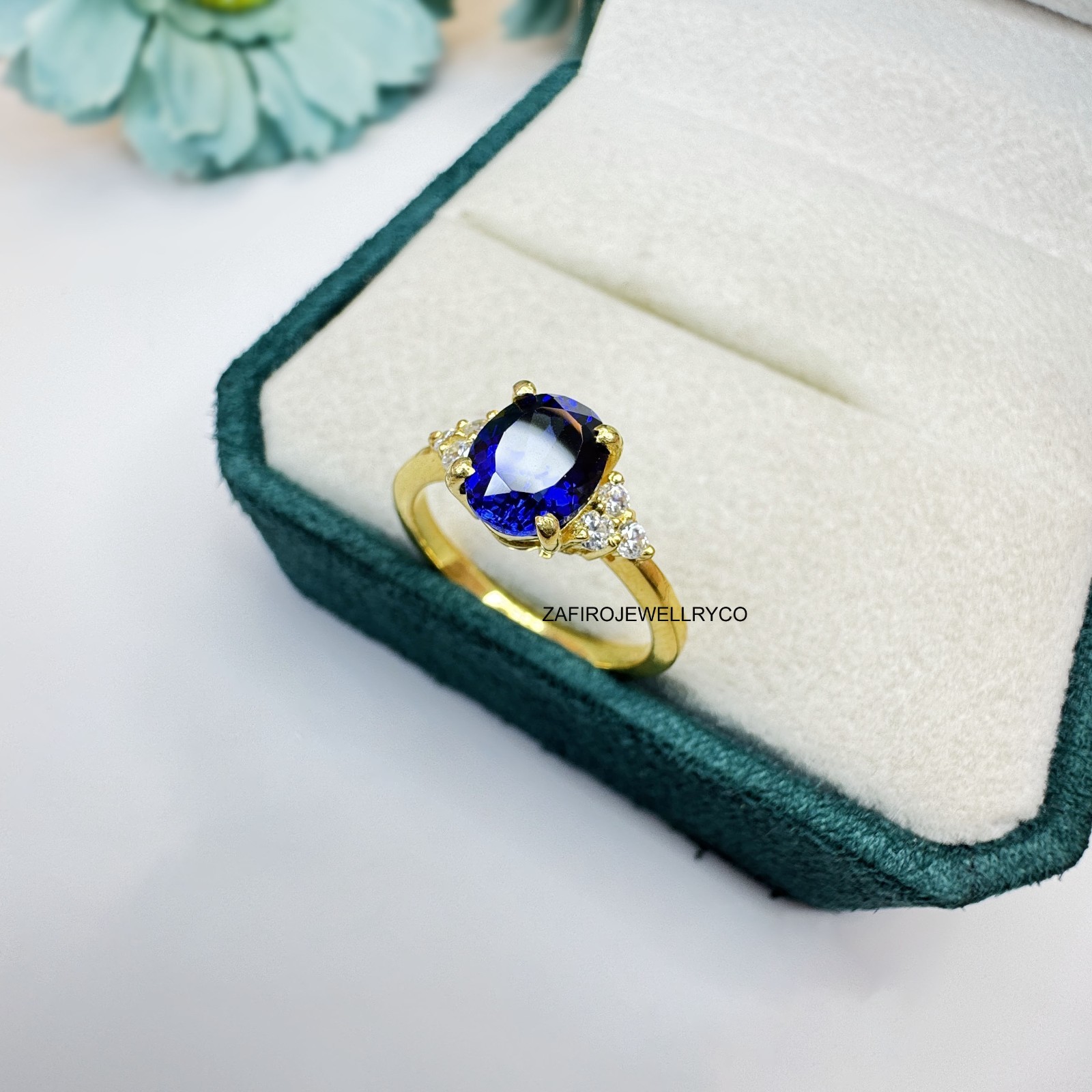 Blue Sapphire Ring, Wedding Ring, Three Stone Ring, Bridal Ring, Lab Created