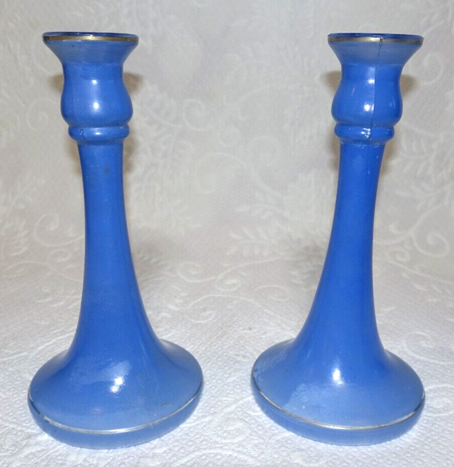VINTAGE Blue Flash Glass Candlesticks, Set Of 2 ~ 9" Tall