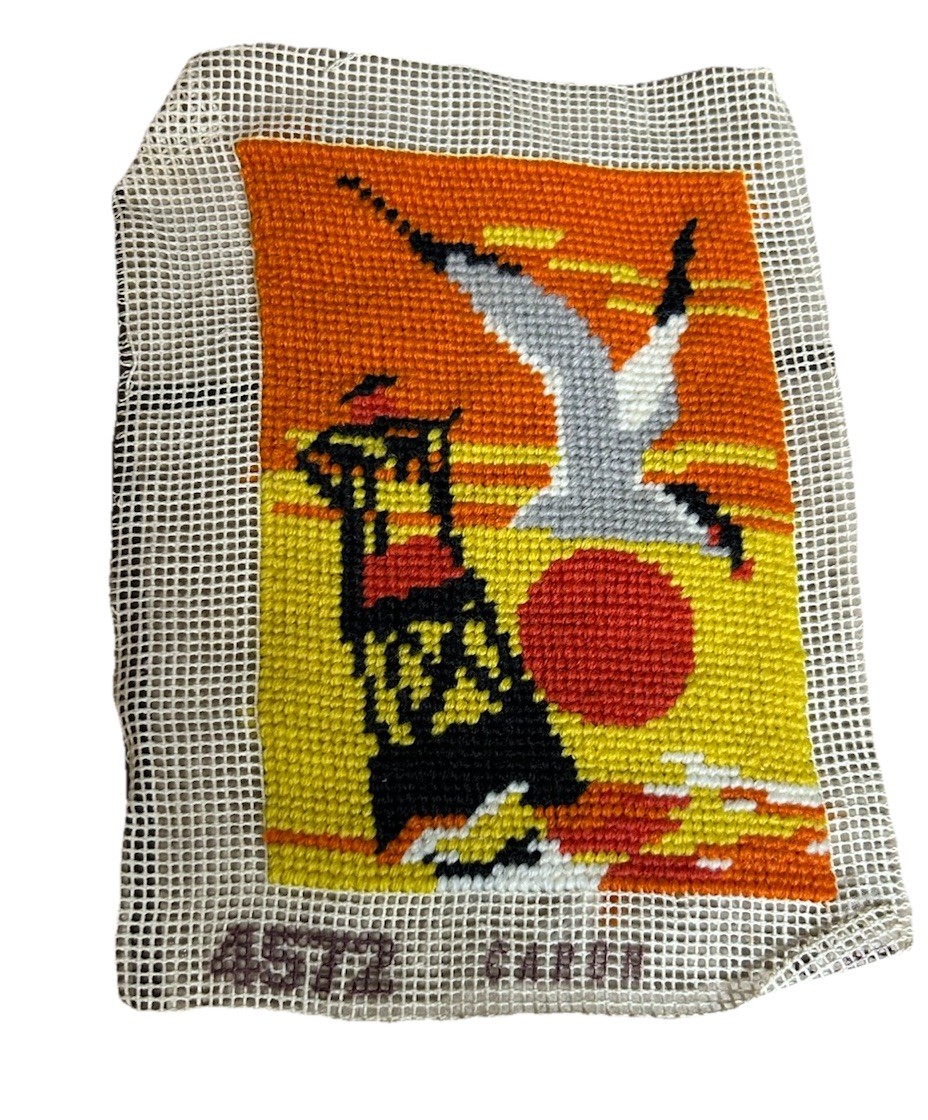 Vintage 70’s Needlepoint Seagull Ocean Yellow Orange Red Boho Completed 5x7