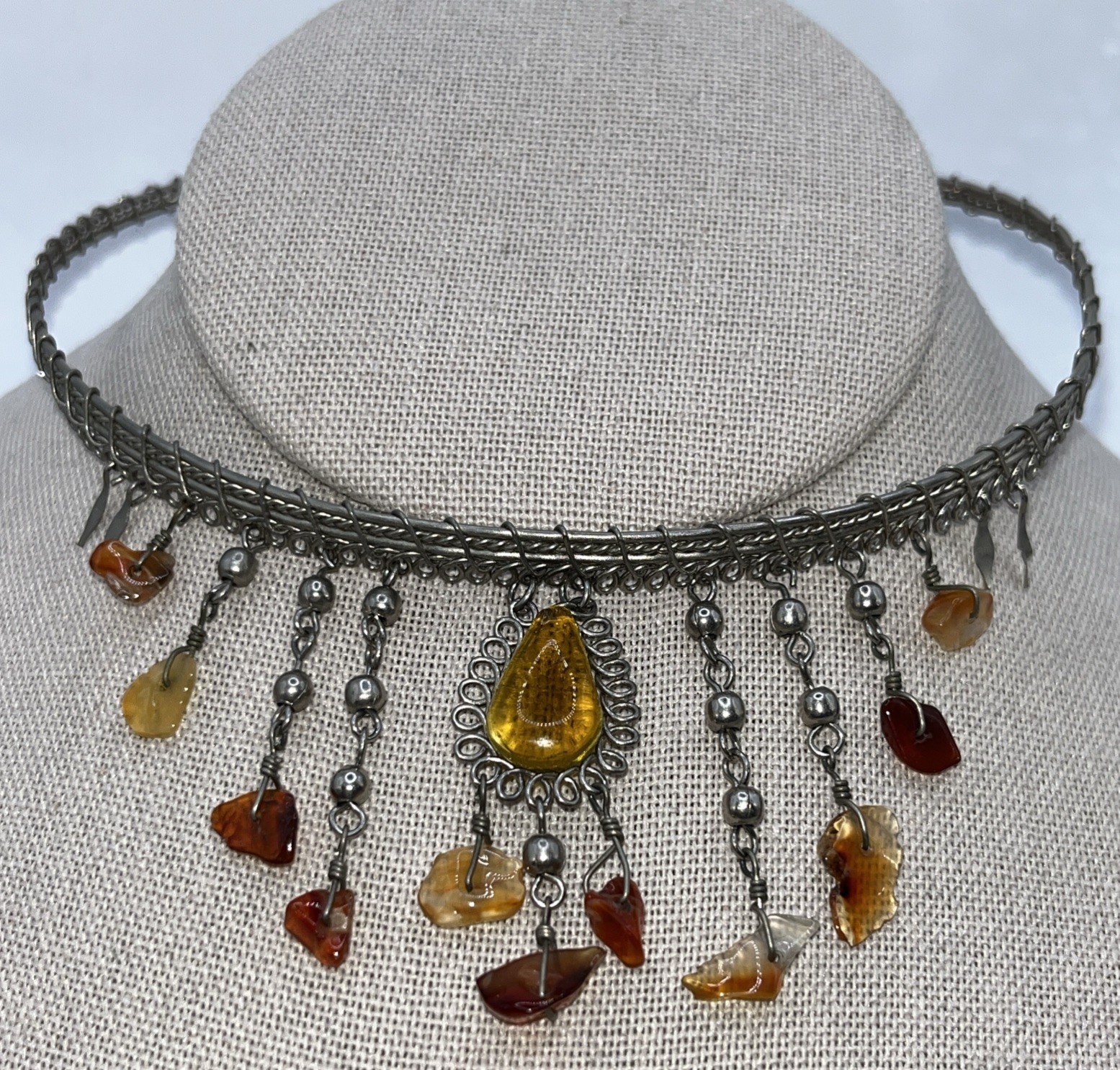 Statement Choker Wire Wrapped Tourmaline Amber Color Fringe Boho Silver Tone