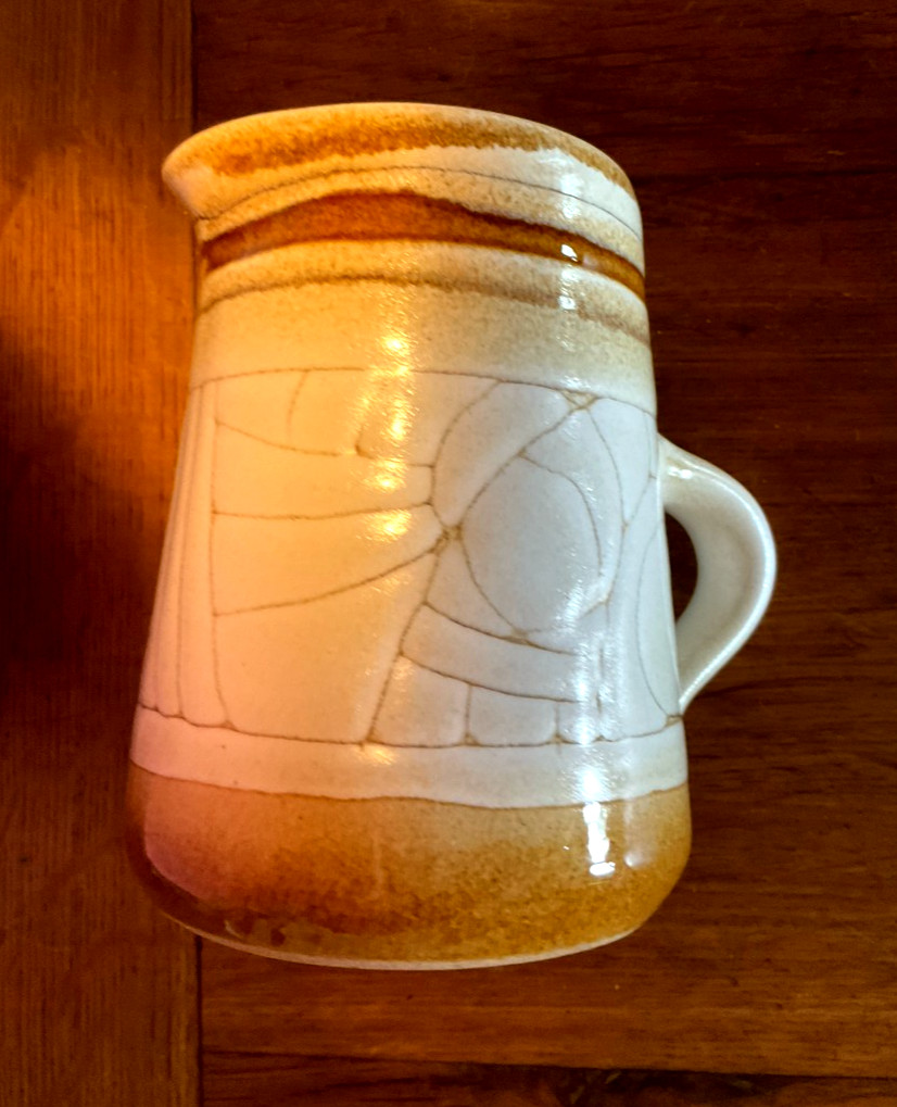 Lovely Vintage 1970s Celtic Pottery Cream and Gold Medallion Jug Newlyn Cornwall