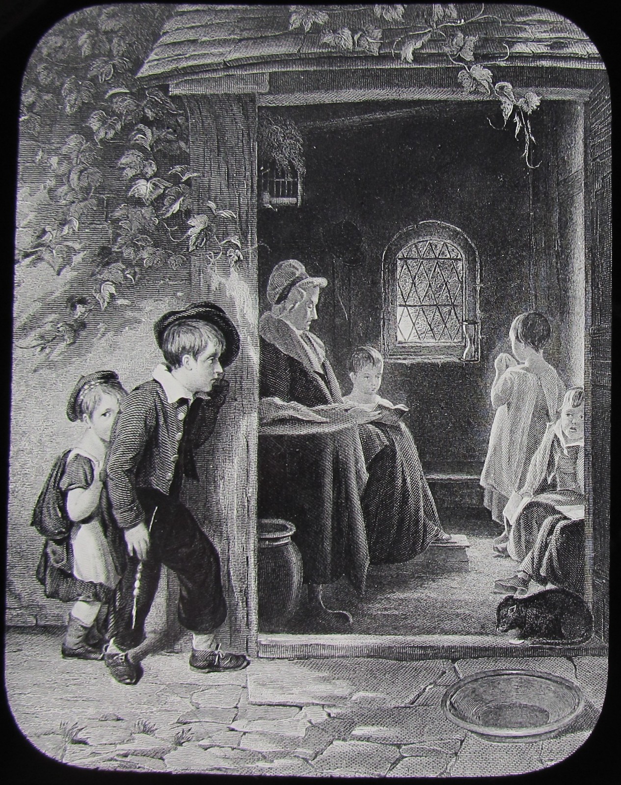 Glass Magic Lantern Slide BOYS OUTSIDE COTTAGE C1900 VICTORIAN DRAWING 