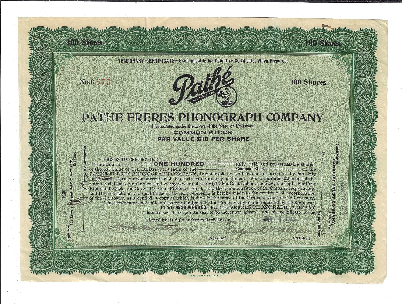 DELAWARE 1923 Pathe Freres Phonograph Co Stock Certificate Phonographs & Records