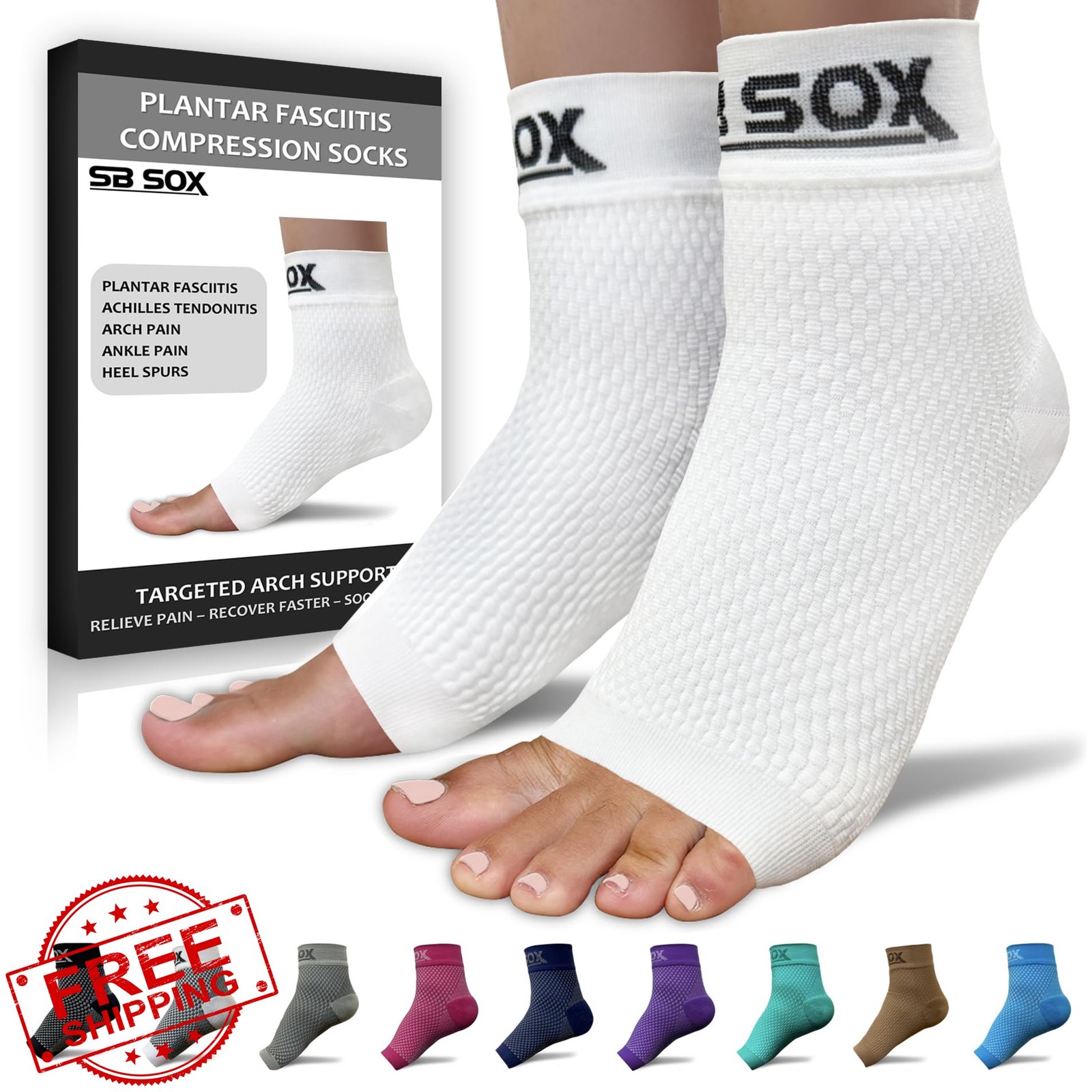 SB SOX Plantar Fasciitis Socks White Medium Arch Support Foot Pain