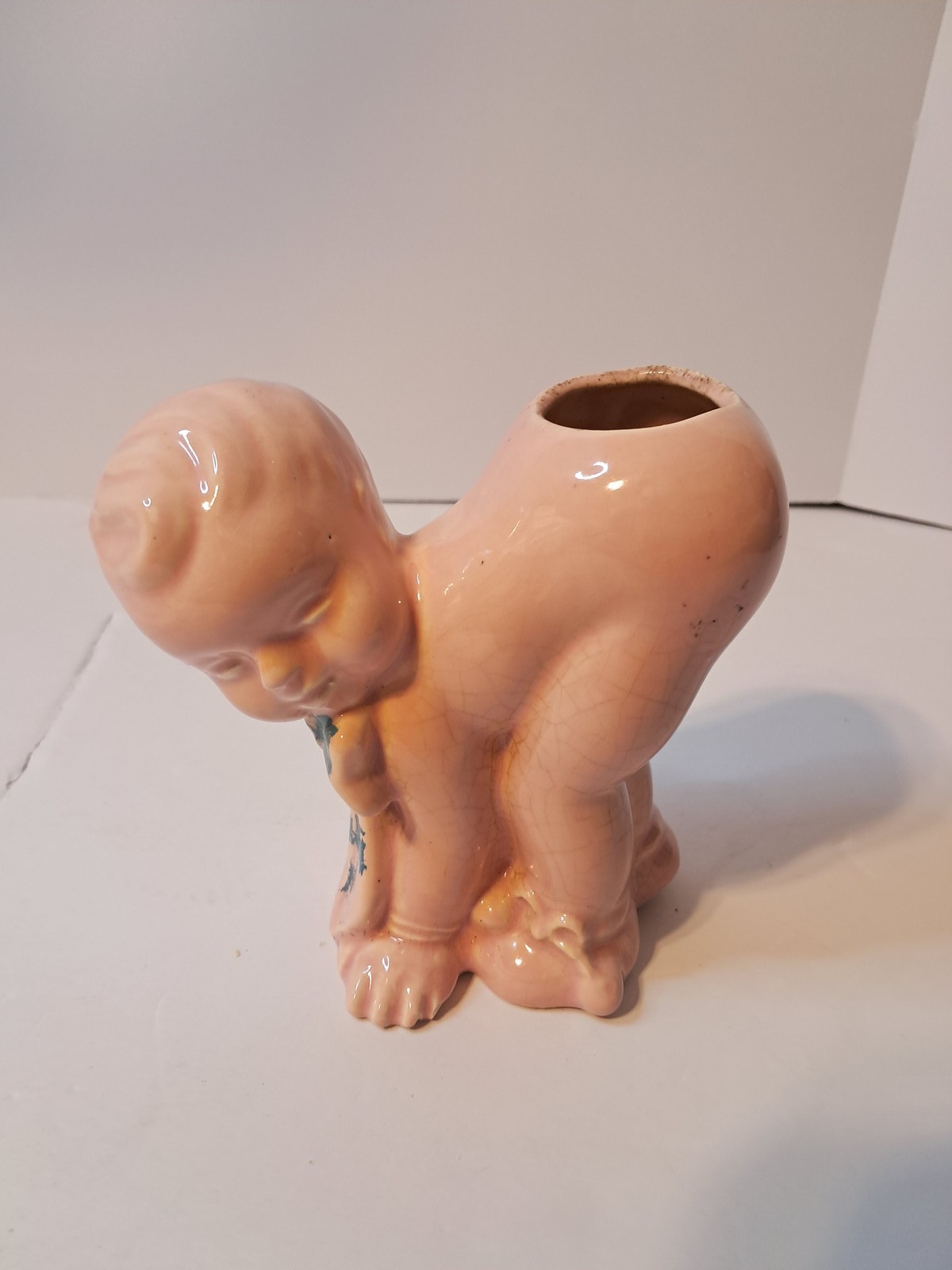 Vintage Ceramic Baby Figurine Planter Vase Pink Blue Bow Nursery Decor