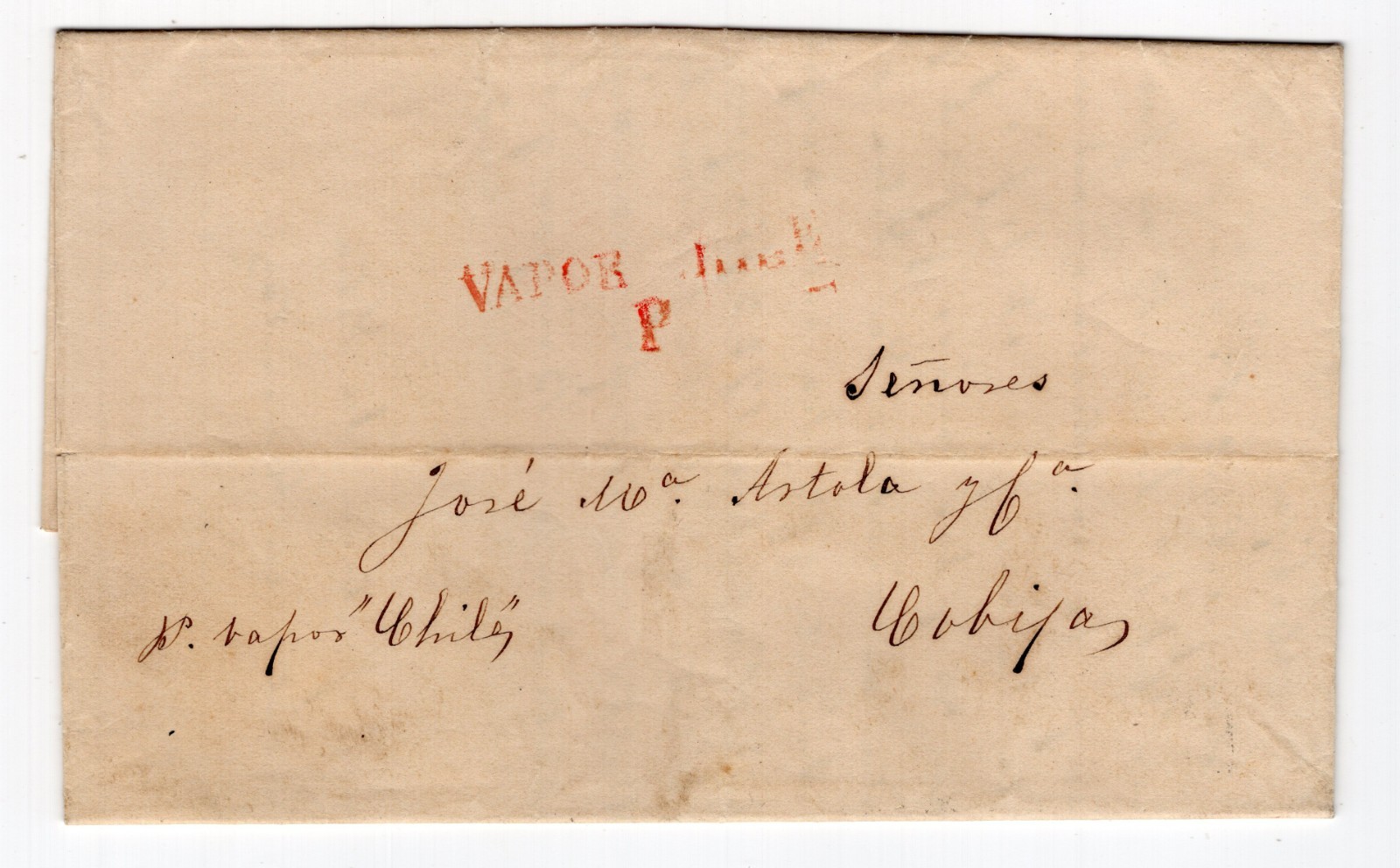 CHILE 1843 Valparaiso Cobija scarce postmark VAPOR CHILE in red complete letter