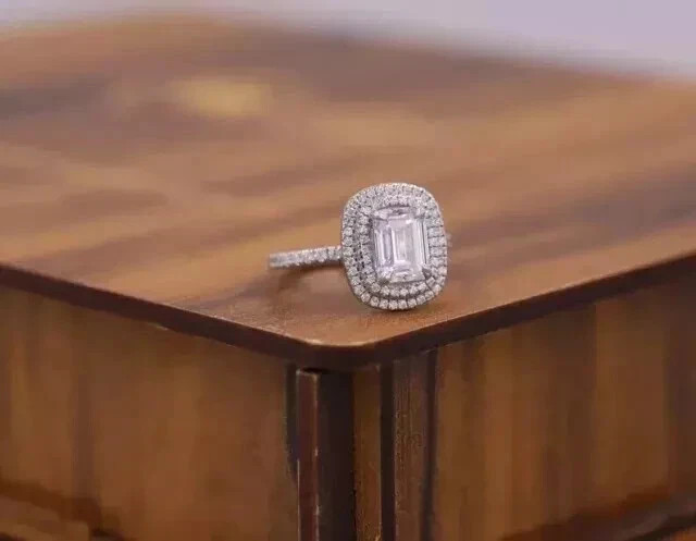 3Ct Emerald Cut Lab Created Diamond Halo Engagement Ring 14K White Gold Plated