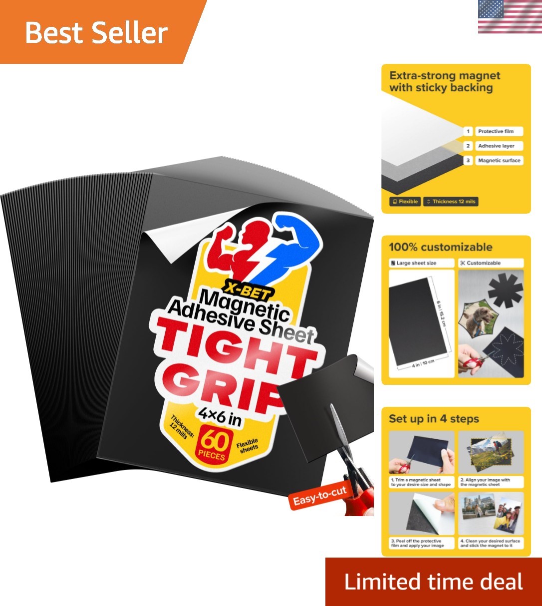 Strong Self-Stick Magnetic Sheets Set - 60 Sheets 4x6 for Home, School & Office