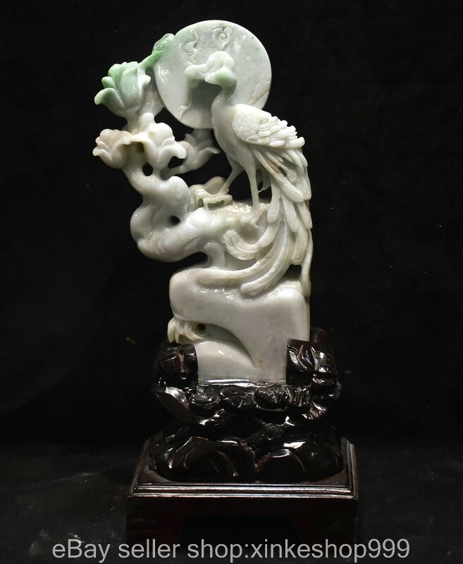 14" Chinese Natural Emerald Jade Jadeite Carving peacock phoenix bird Statue