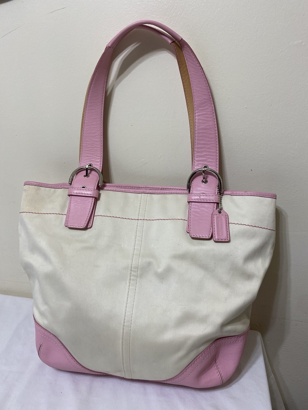 Coach Soho Cream Canvas Rose Pink Leather Trim Multifunction Baby Diaper Bag