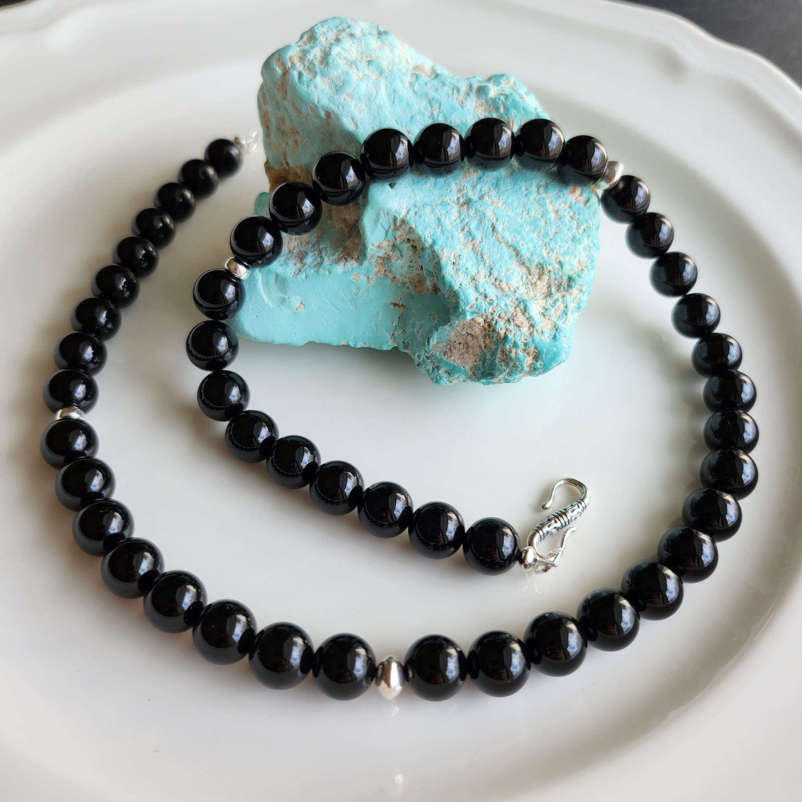 Navajo Mens Black 10mm Onyx Bead 21.5” Necklace  925 Sterling Silver