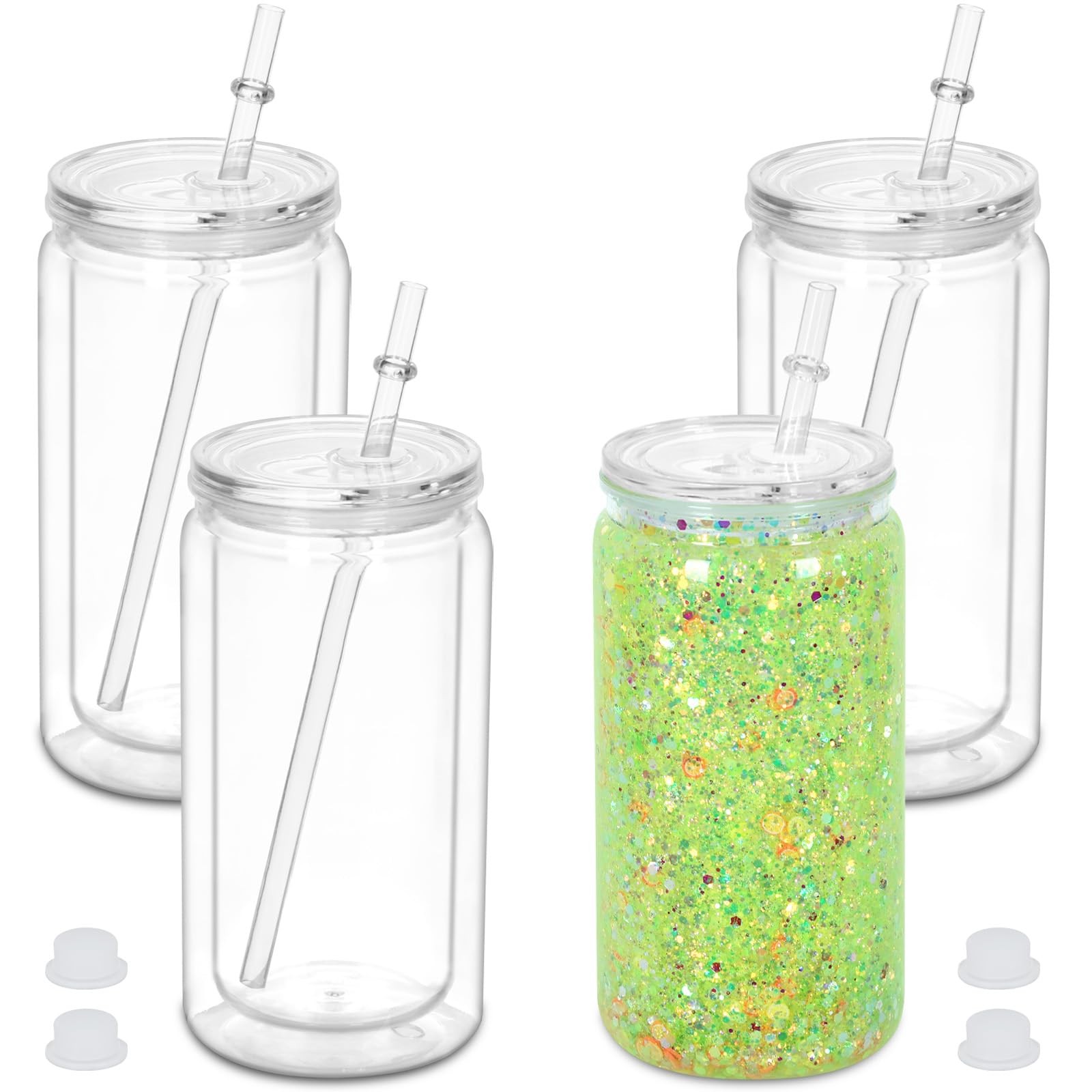 16oz Plastic Snow Globe Tumbler 4-Pack Double Wall Pre-Drilled Hole DIY Cups