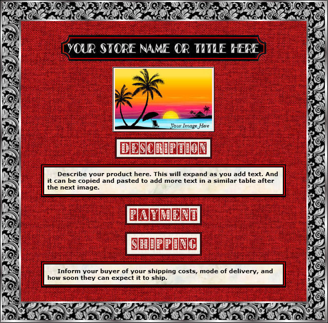 AUCTION TEMPLATE Red Linen BG Baroque Border Design - FREE SHIPPING