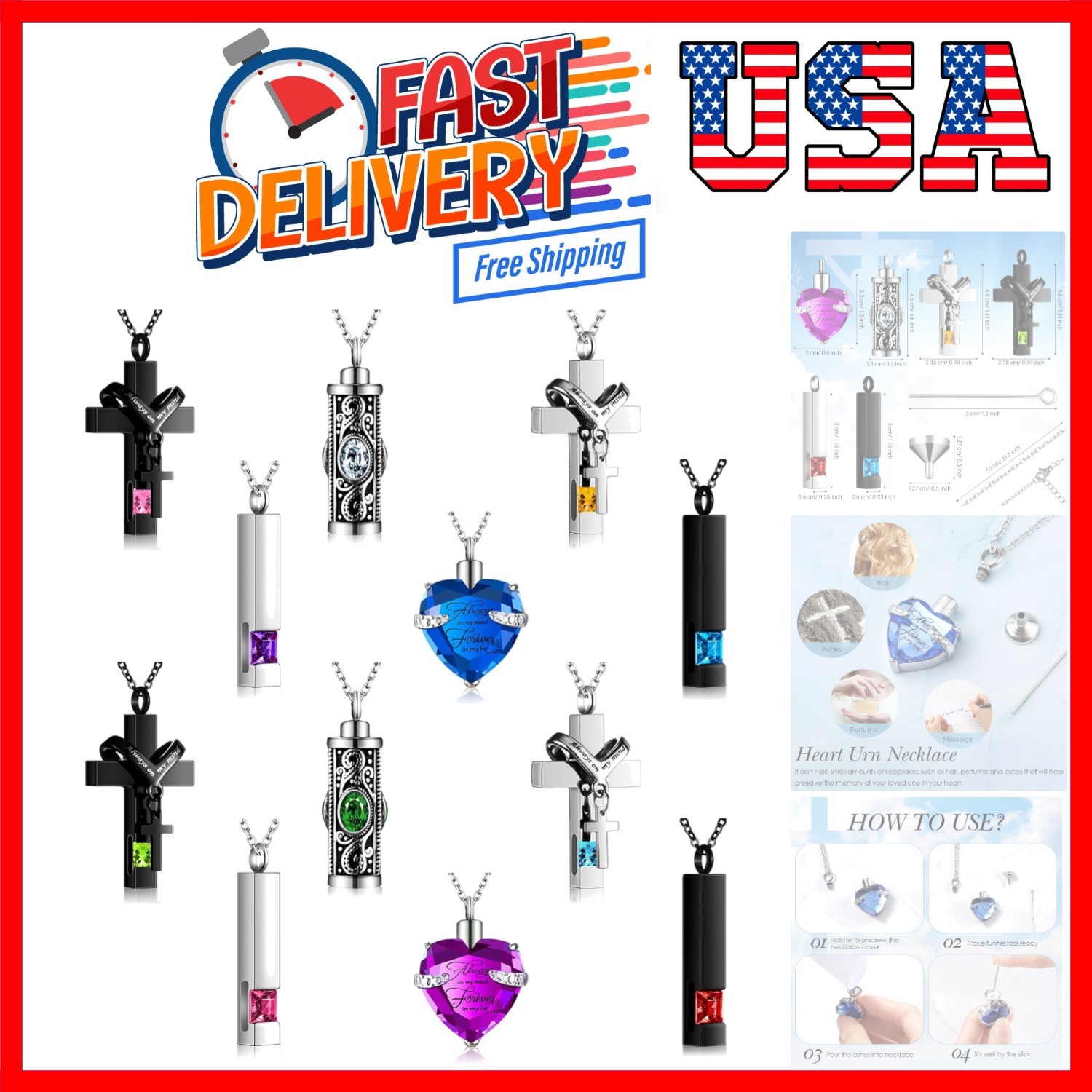 12 Pcs Urn Necklace for Ashes Bulk Cremation Cross Heart Cubic Jewelry Stainl...