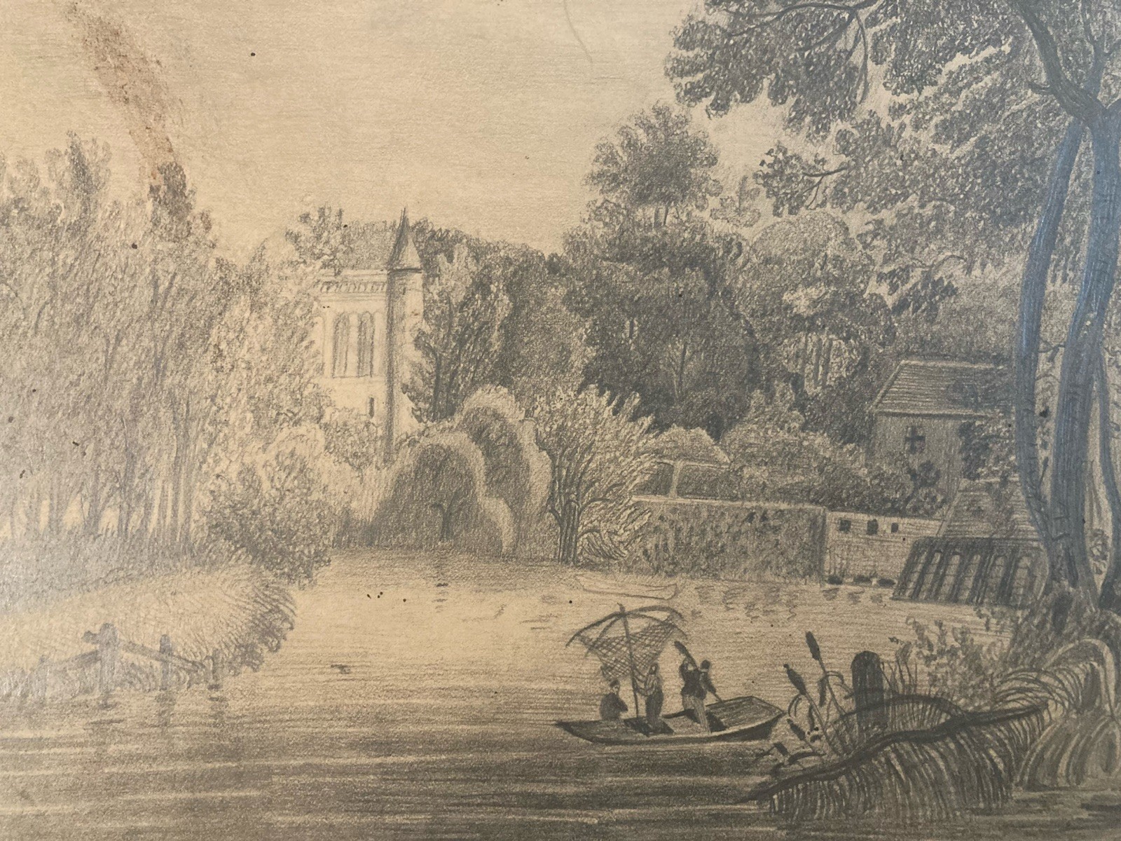 Très Beau Dessin XIXe Ancien Château crayon Paysage Crecy En Brie Pêche Art