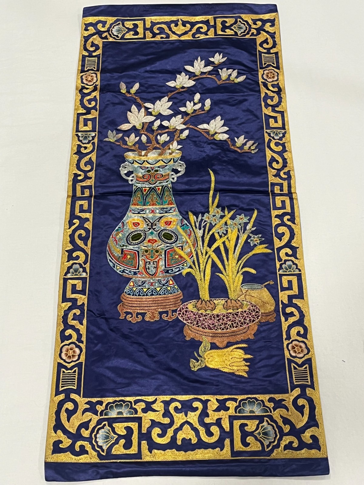 Chinese Hand Embroidered Table Runner Blue - Auth. Golden Cloud - Silk and Rayon