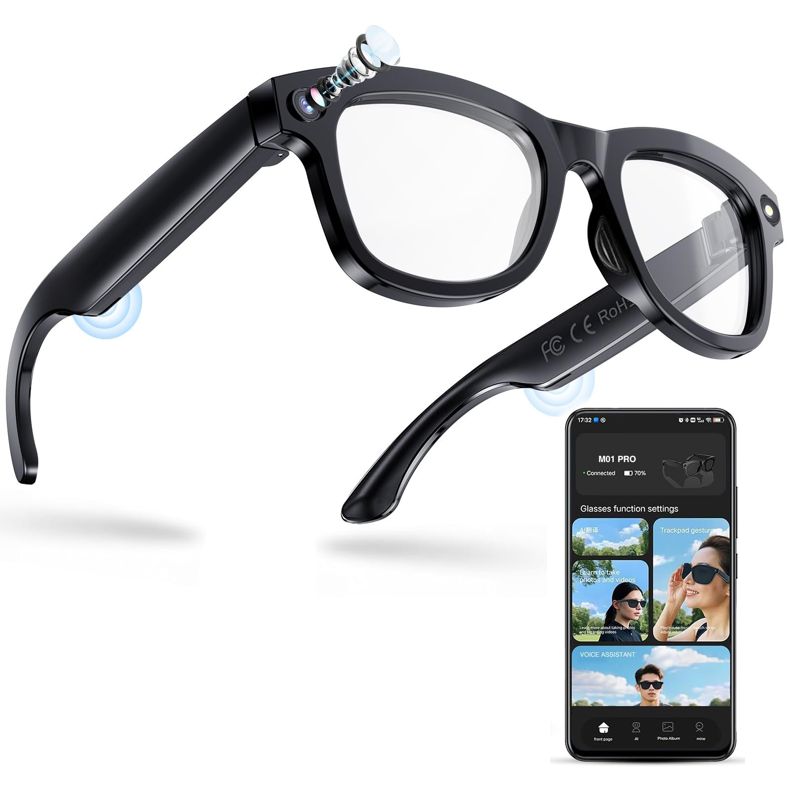 AI Smart Glasses with Camera, 1080P HD Video Recording Glasses,Bluetooth Spea...