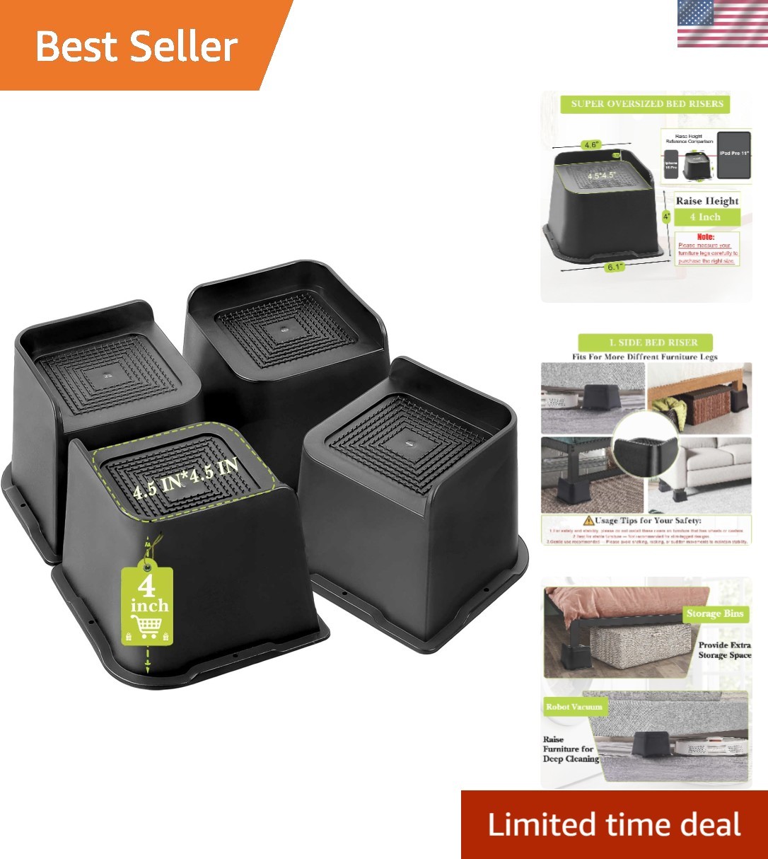 Multi-Purpose 4 Inch Bed Risers - Support Up to 6000 Lbs, Easy Installation