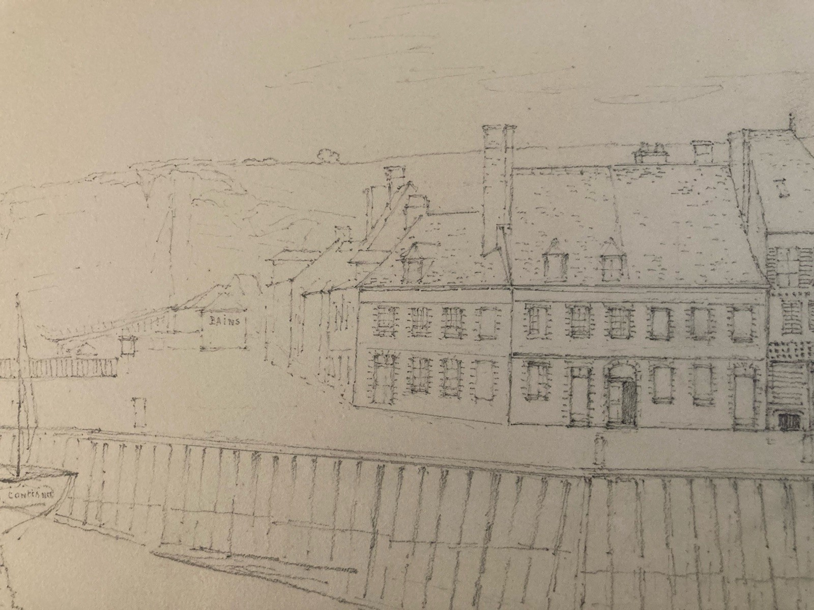 Very Nice Drawing Xixth 1865 Pencil Landscape Saint Valery On Somme Port Boat