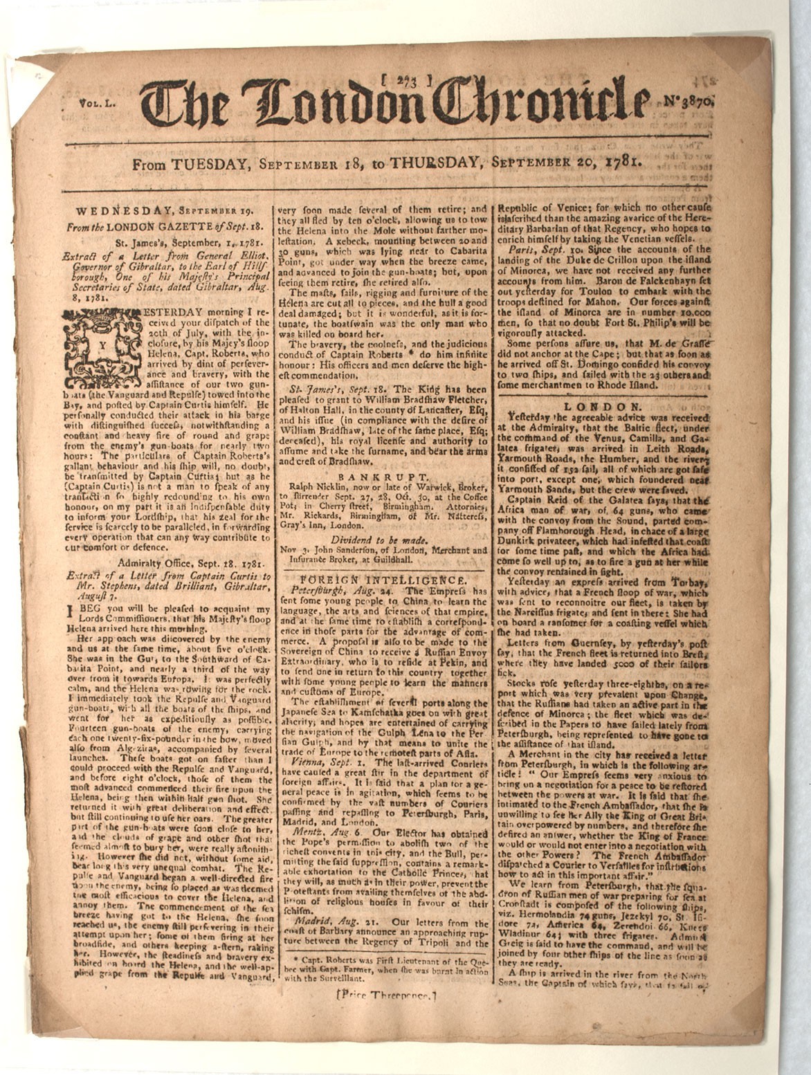 THE LONDON CHRONICLE 09/1781