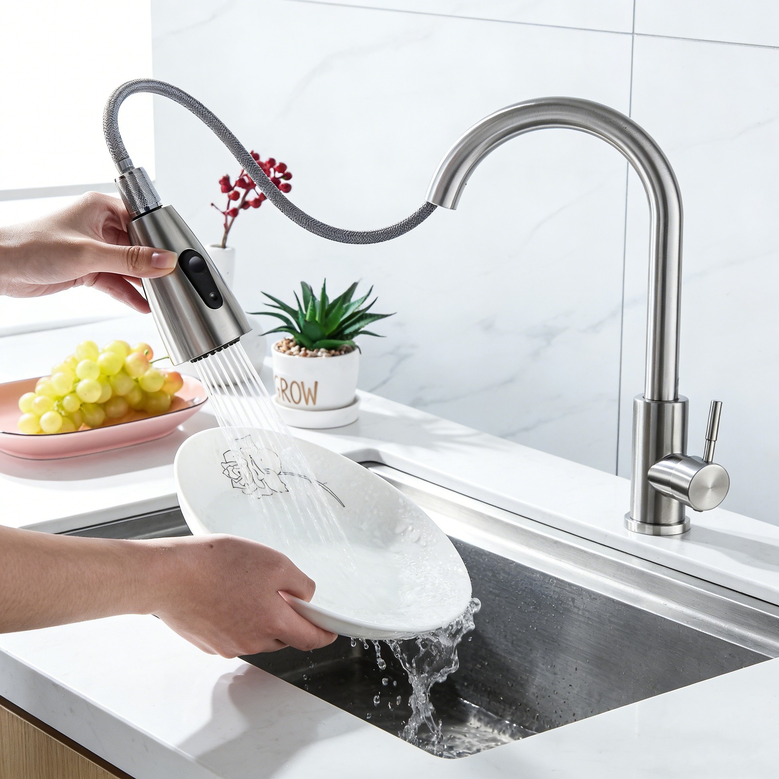 Kitchen Sink Faucet Brushed Nickel Single Handle Swivel Pull Down Sprayer,New,f