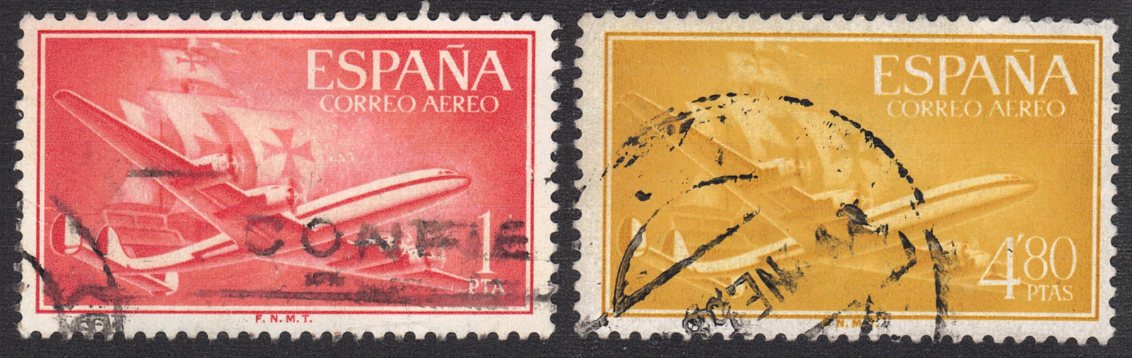 1955-56 Spain SC#  C150, C155 - Plane and Caravel - 2 Different Stamps - Used