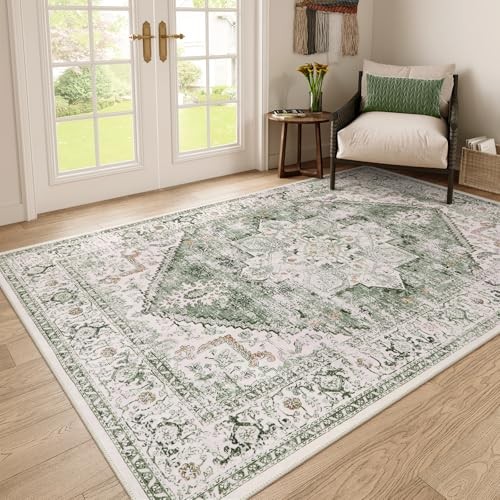  6x9 Sage Green Rug for Living Room- Large Oriental Rug for Bedroom, Non-Slip 