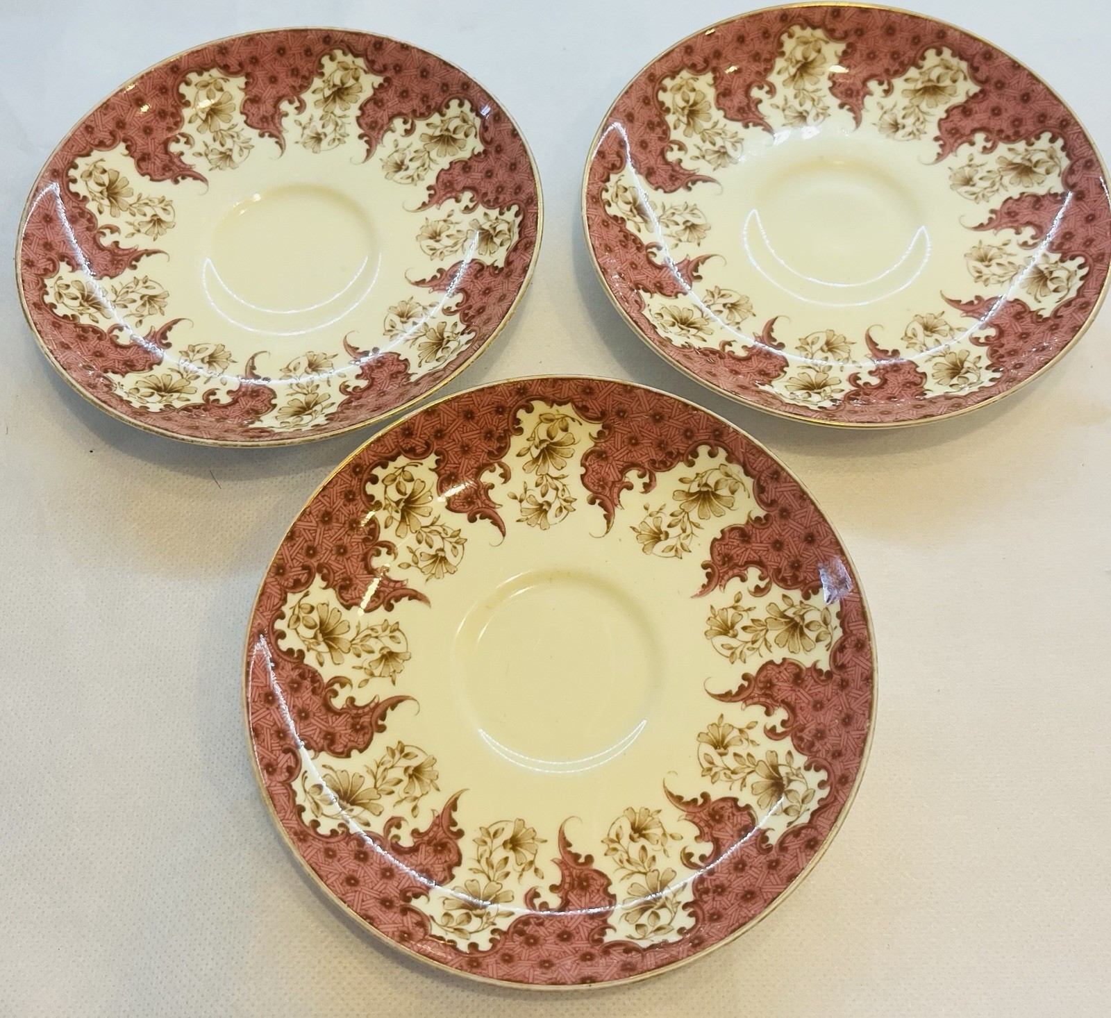 Antique Royal Worcester England Tea Cup Saucers Red Floral Gold Trim Set of 3