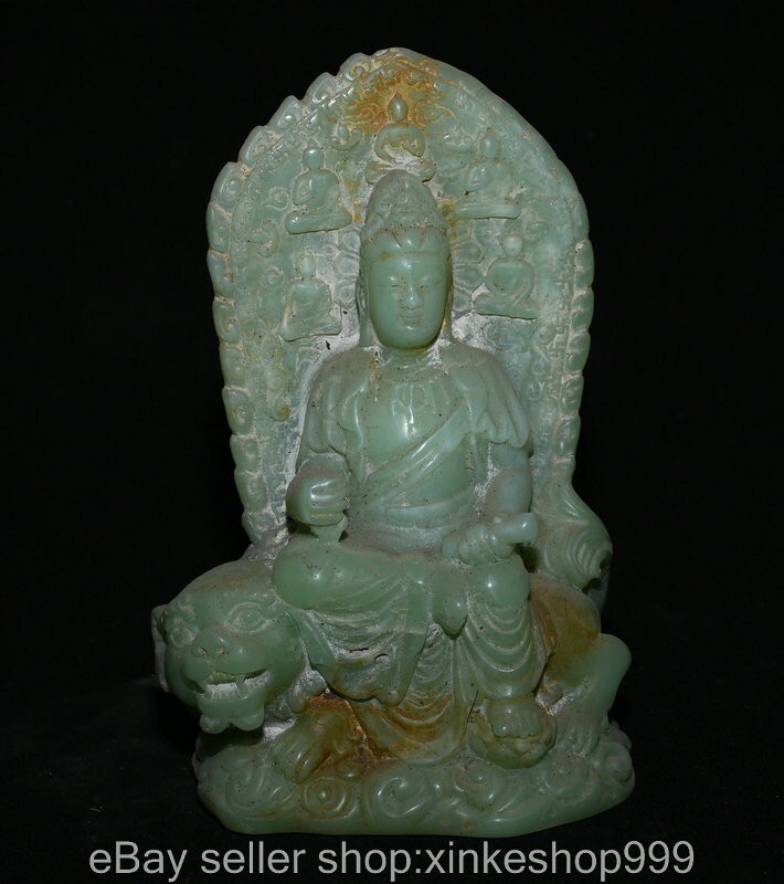 6.8" Chinese Natural Green Jade Carving Bodhisattva Manjusri Statue Sculpture