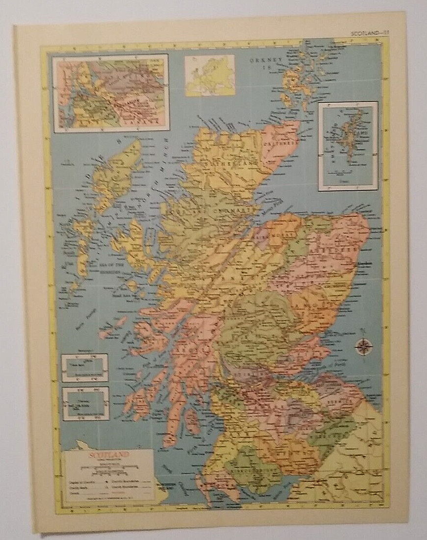 1956 Antique SCOTLAND Atlas Map Vintage Hammond's Family Reference World Atlas