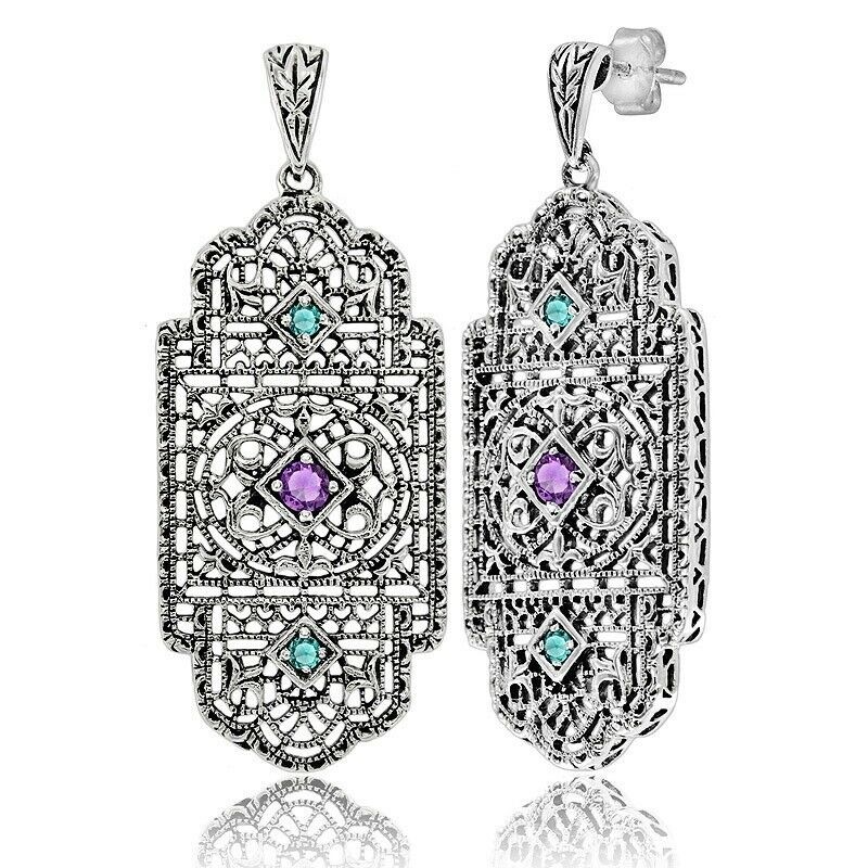 2CT Natural Amethyst & Aquamarine 925 Sterling Silver Art Nouveau Earrings OX8