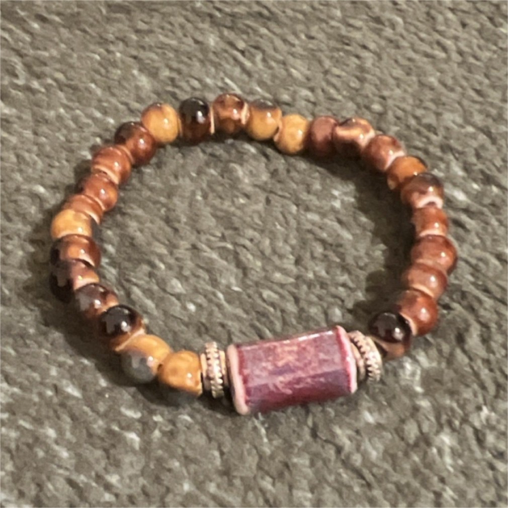 Beaded Stone Bracelet Brown Purple Cylinder Shape Stretch Nature Theme